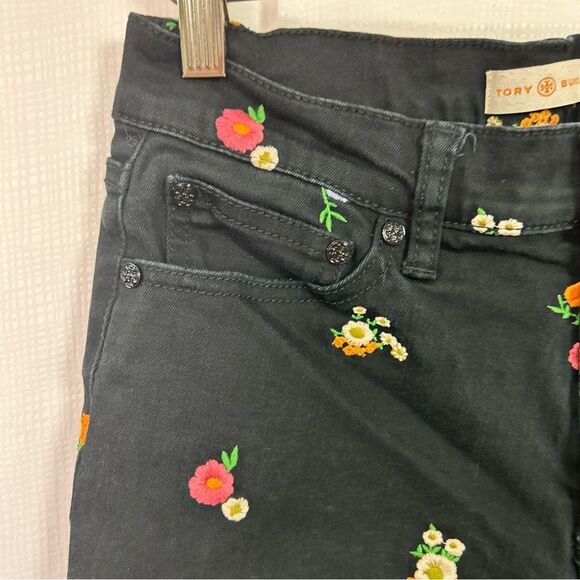 Tory Burch Jeans Womens 25 Brindle Black Floral Embroidered Skinny Ankle Jeans - Picture 3 of 13